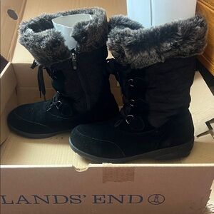 Lands' End Black Quilted Winter Boots with Fur Trim